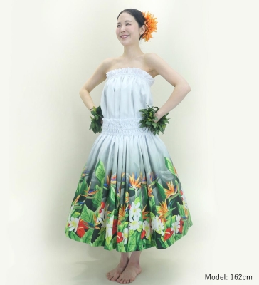 Hula Blouse & Pa'u Set-Up with Hawaiian Flower & Leaf Print / Luxury Collection / J3256-8