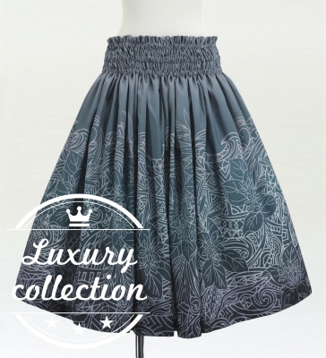 Hula Shantung Pa'u Skirt with Monstera & Kahiko Print / Luxury Collection / J3258-2