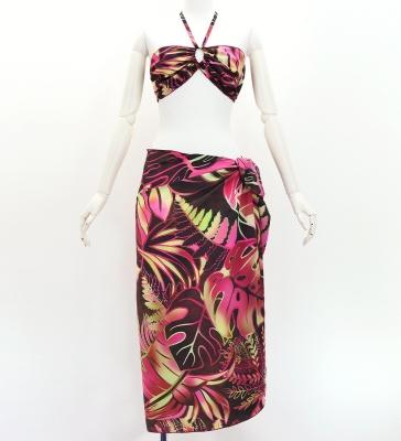 Koshibo Bra Top & Short Pareo / Hawaiian Leaf / Wine / J3259-1