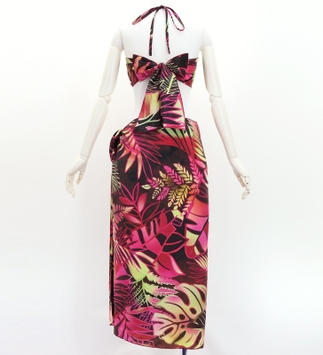 Koshibo Bra Top & Short Pareo / Hawaiian Leaf / Wine / J3259-1