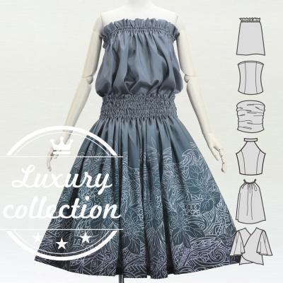 Hula Blouse & Pa'u Set-Up with Monstera & Kahiko Print / Luxury Collection / J3260-2