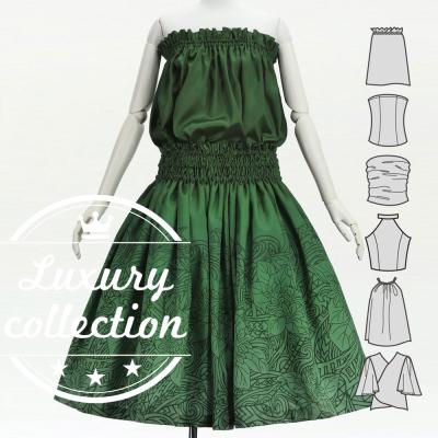 Hula Blouse & Pa'u Set-Up with Monstera & Kahiko Print / Luxury Collection / J3260-5