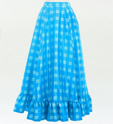 Hula Long Frill Shantung Circular Skirt with Palaka Check Print / Blue / J3309bl