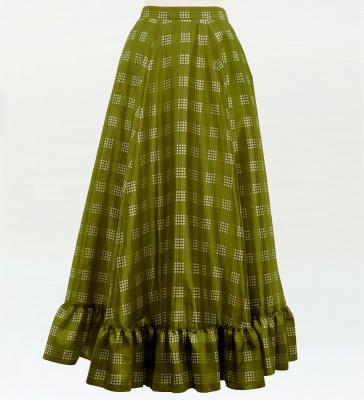 Hula Long Frill Shantung Circular Skirt with Palaka Check Print / Khaki / J3309ka