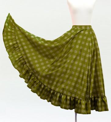 Hula Long Frill Shantung Circular Skirt with Palaka Check Print / Khaki / J3309ka