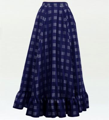 Hula Long Frill Shantung Circular Skirt with Palaka Check Print / Navy / J3309nv