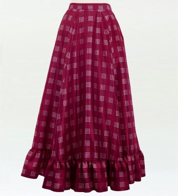 Hula Long Frill Shantung Circular Skirt with Palaka Check Print / Wine / J3309ye