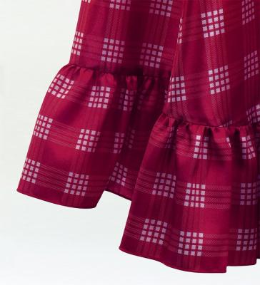 Hula Long Frill Shantung Circular Skirt with Palaka Check Print / Wine / J3309ye