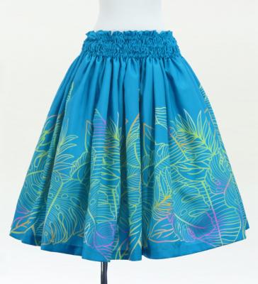 Hula Shantung Pa'u Skirt with Hawaiian Leaf Print / Luxury Collection / Blue / J3310bl