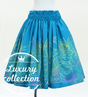 Hula Shantung Pa'u Skirt with Hawaiian Leaf Print / Luxury Collection / Blue / J3310bl