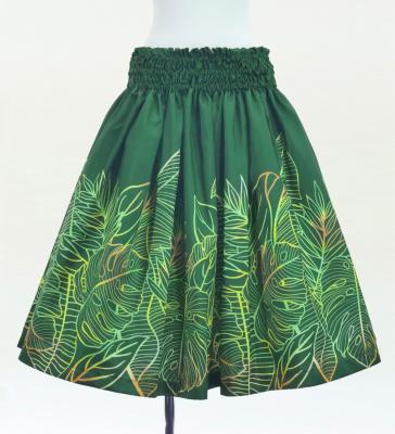Hula Shantung Pa'u Skirt with Hawaiian Leaf Print / Luxury Collection / Green / J3310gr