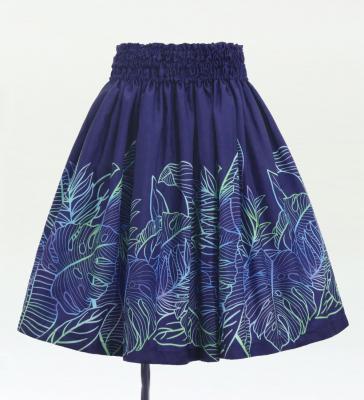 Hula Shantung Pa'u Skirt with Hawaiian Leaf Print / Luxury Collection / Navy / J3310nv