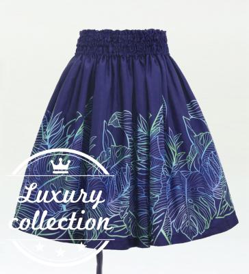 Hula Shantung Pa'u Skirt with Hawaiian Leaf Print / Luxury Collection / Navy / J3310nv