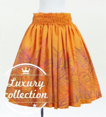 Hula Shantung Pa'u Skirt with Hawaiian Leaf Print / Luxury Collection / Orange / J3310or