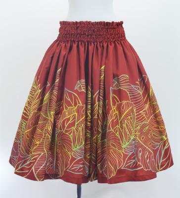 Hula Shantung Pa'u Skirt with Hawaiian Leaf Print / Luxury Collection / Red / J3310rd