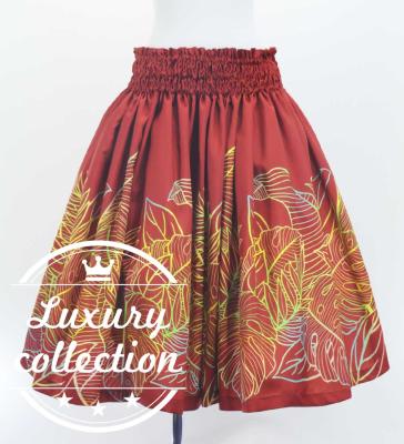 Hula Shantung Pa'u Skirt with Hawaiian Leaf Print / Luxury Collection / Red / J3310rd