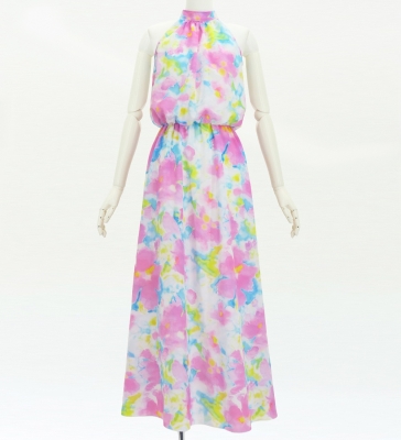 Hula Long Koshibo Dress with Hawaiian Flower Print / Luxury Collection / J3315-1