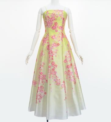 Japan Fabric Long Dress with Cherry Blossom Print / Shantung / Cream Yellow / JW001crye