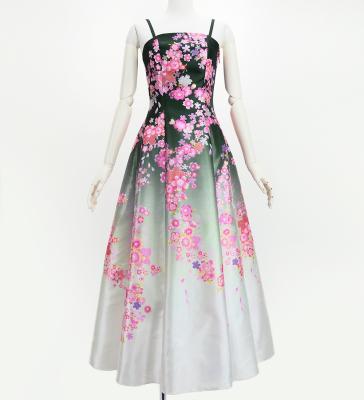 Japan Fabric Long Dress with Cherry Blossom Print / Shantung / Black / JW001bk