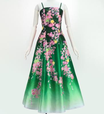 Japan Fabric Long Dress with Cherry Blossom Print / Shantung / Green / JW001gr