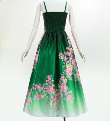Japan Fabric Long Dress with Cherry Blossom Print / Shantung / Green / JW001gr