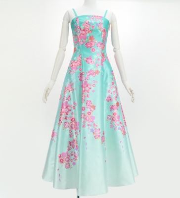 Japan Fabric Long Dress with Cherry Blossom Print / Shantung / Light Blue / JW001lbl