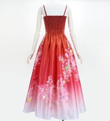 Japan Fabric Long Dress with Cherry Blossom Print / Shantung / Red / JW001rd