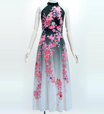 Japan Fabric Long Dress with Cherry Blossom Print / Velvet / Black / JW002bk