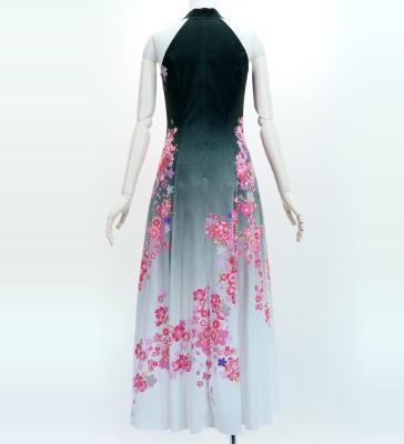 Japan Fabric Long Dress with Cherry Blossom Print / Velvet / Black / JW002bk