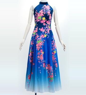 Japan Fabric Long Dress with Cherry Blossom Print / Velvet / Blue / JW002bl