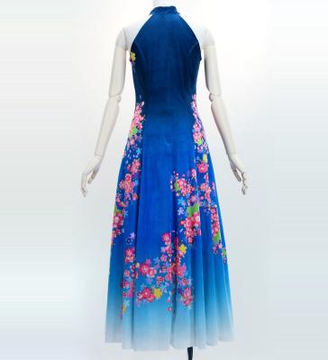 Japan Fabric Long Dress with Cherry Blossom Print / Velvet / Blue / JW002bl