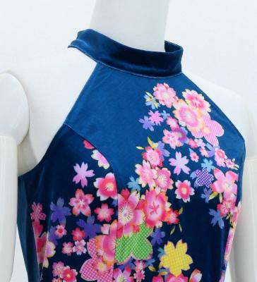 Japan Fabric Long Dress with Cherry Blossom Print / Velvet / Blue / JW002bl