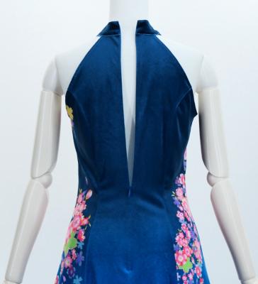 Japan Fabric Long Dress with Cherry Blossom Print / Velvet / Blue / JW002bl