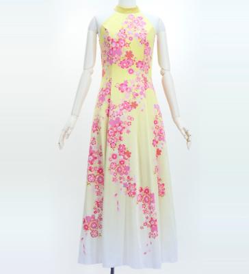Japan Fabric Long Dress with Cherry Blossom Print / Velvet / Cream Yellow / JW002crye