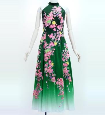 Japan Fabric Long Dress with Cherry Blossom Print / Velvet / Green / JW002gr