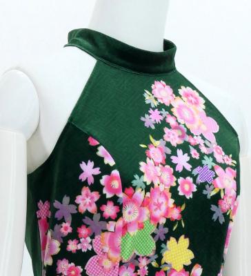 Japan Fabric Long Dress with Cherry Blossom Print / Velvet / Green / JW002gr