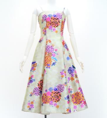 Japan Fabric Long Dress with Chrysanthemum & Plum Blossom & Cherry Blossom Print / Shantung / Beigu / JW003be