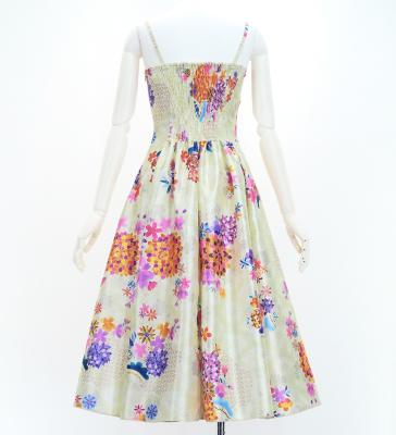 Japan Fabric Long Dress with Chrysanthemum & Plum Blossom & Cherry Blossom Print / Shantung / Beigu / JW003be