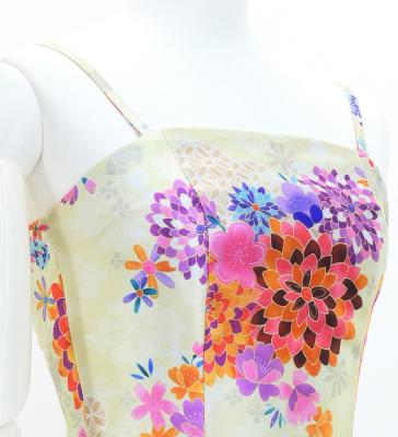 Japan Fabric Long Dress with Chrysanthemum & Plum Blossom & Cherry Blossom Print / Shantung / Beigu / JW003be