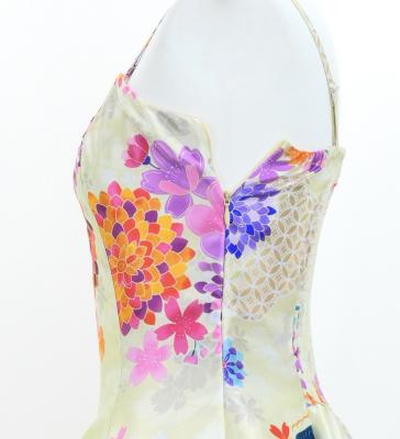 Japan Fabric Long Dress with Chrysanthemum & Plum Blossom & Cherry Blossom Print / Shantung / Beigu / JW003be