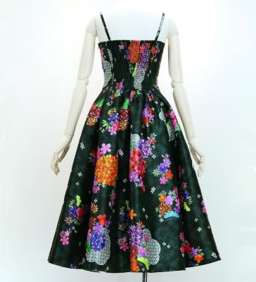 Japan Fabric Long Dress with Chrysanthemum & Plum Blossom & Cherry Blossom Print / Shantung / Black / JW003bk