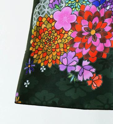 Japan Fabric Long Dress with Chrysanthemum & Plum Blossom & Cherry Blossom Print / Shantung / Black / JW003bk