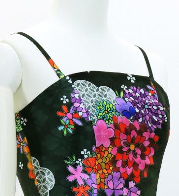Japan Fabric Long Dress with Chrysanthemum & Plum Blossom & Cherry Blossom Print / Shantung / Black / JW003bk