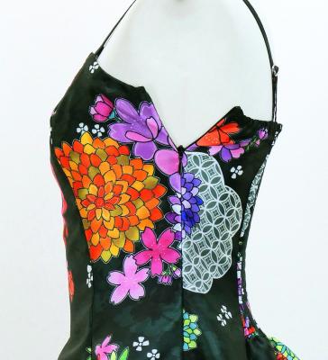 Japan Fabric Long Dress with Chrysanthemum & Plum Blossom & Cherry Blossom Print / Shantung / Black / JW003bk