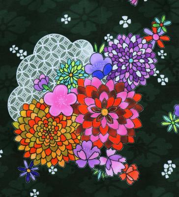 Japan Fabric Long Dress with Chrysanthemum & Plum Blossom & Cherry Blossom Print / Shantung / Black / JW003bk