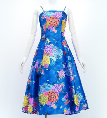 Japan Fabric Long Dress with Chrysanthemum & Plum Blossom & Cherry Blossom Print / Shantung / Blue / JW003bl
