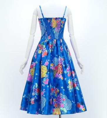 Japan Fabric Long Dress with Chrysanthemum & Plum Blossom & Cherry Blossom Print / Shantung / Blue / JW003bl