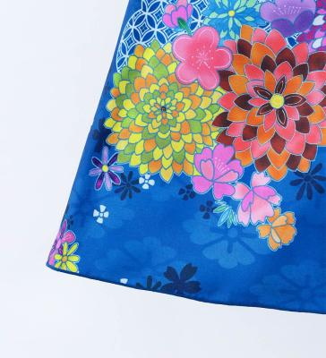 Japan Fabric Long Dress with Chrysanthemum & Plum Blossom & Cherry Blossom Print / Shantung / Blue / JW003bl