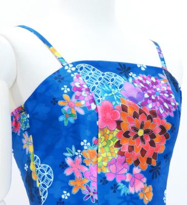 Japan Fabric Long Dress with Chrysanthemum & Plum Blossom & Cherry Blossom Print / Shantung / Blue / JW003bl