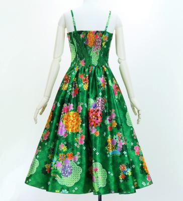 Japan Fabric Long Dress with Chrysanthemum & Plum Blossom & Cherry Blossom Print / Shantung / Green / JW003gr